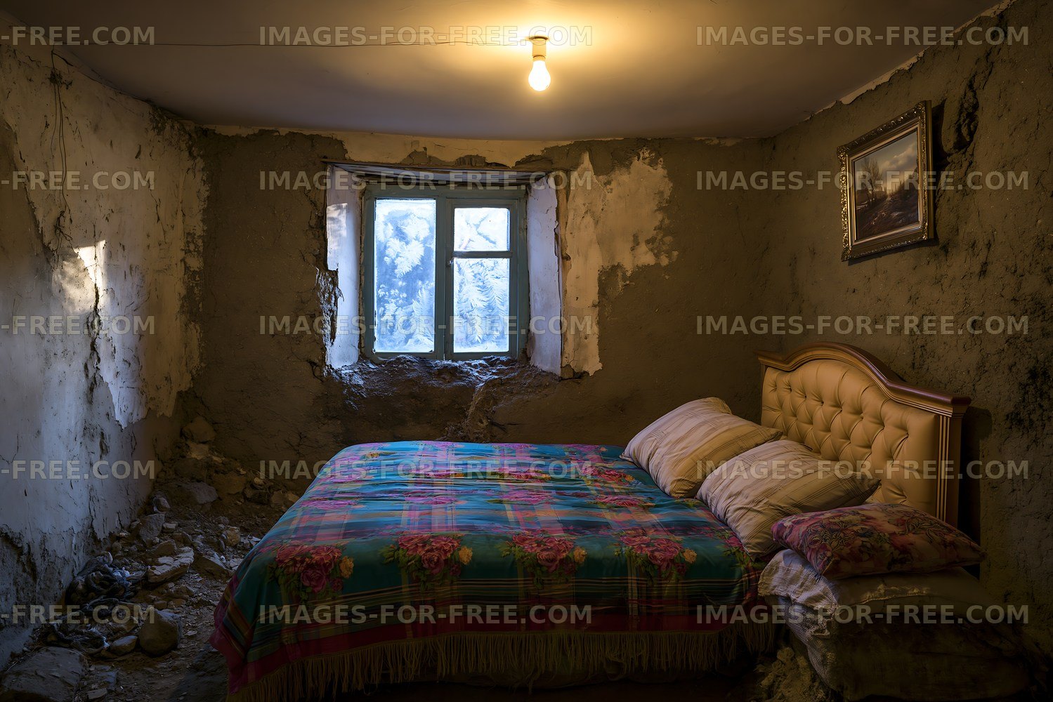 Old bedroom with a simple bed and cracked walls