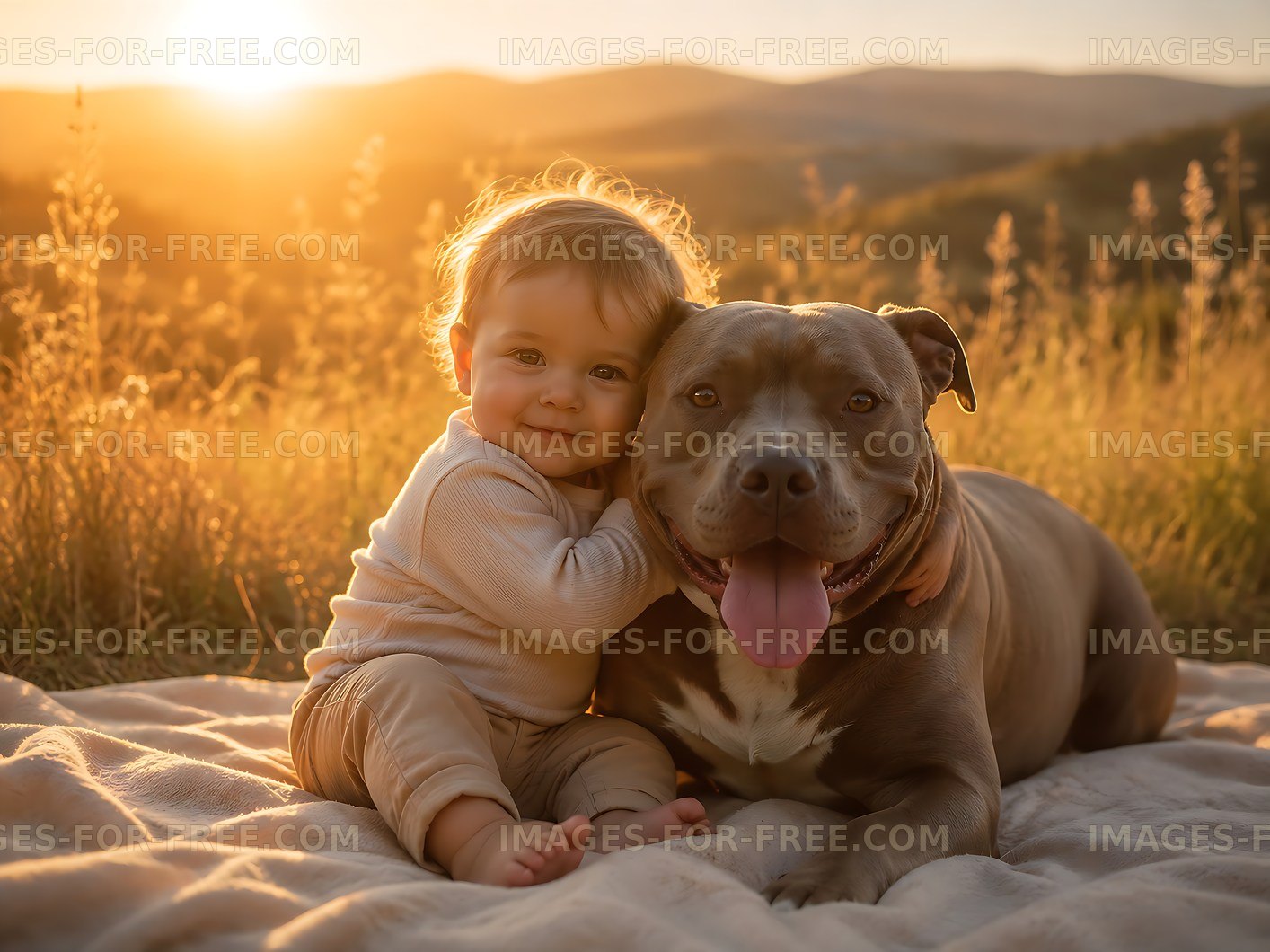 Happy child cuddling with a dog at sunset