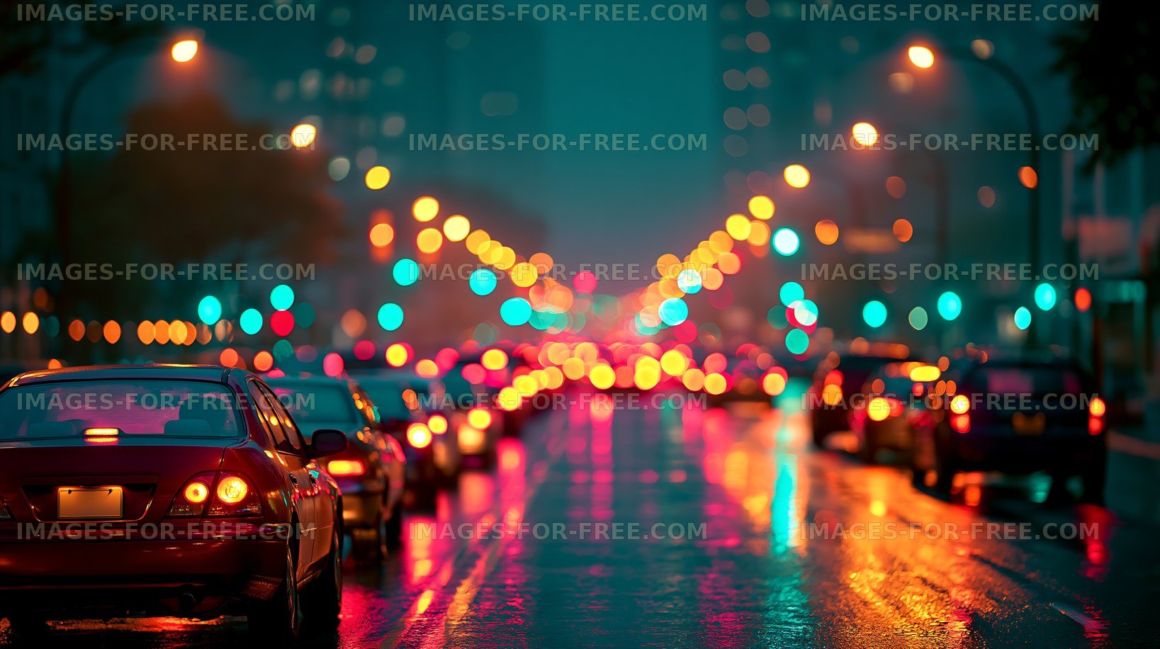 City street at night with traffic and illuminated buildings