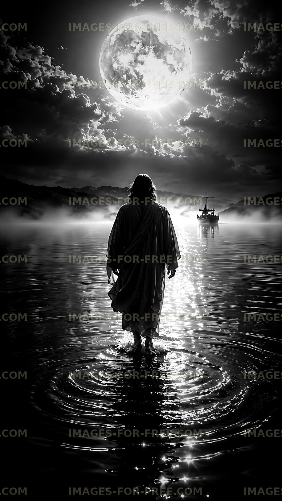 Man walking on water under a full moon