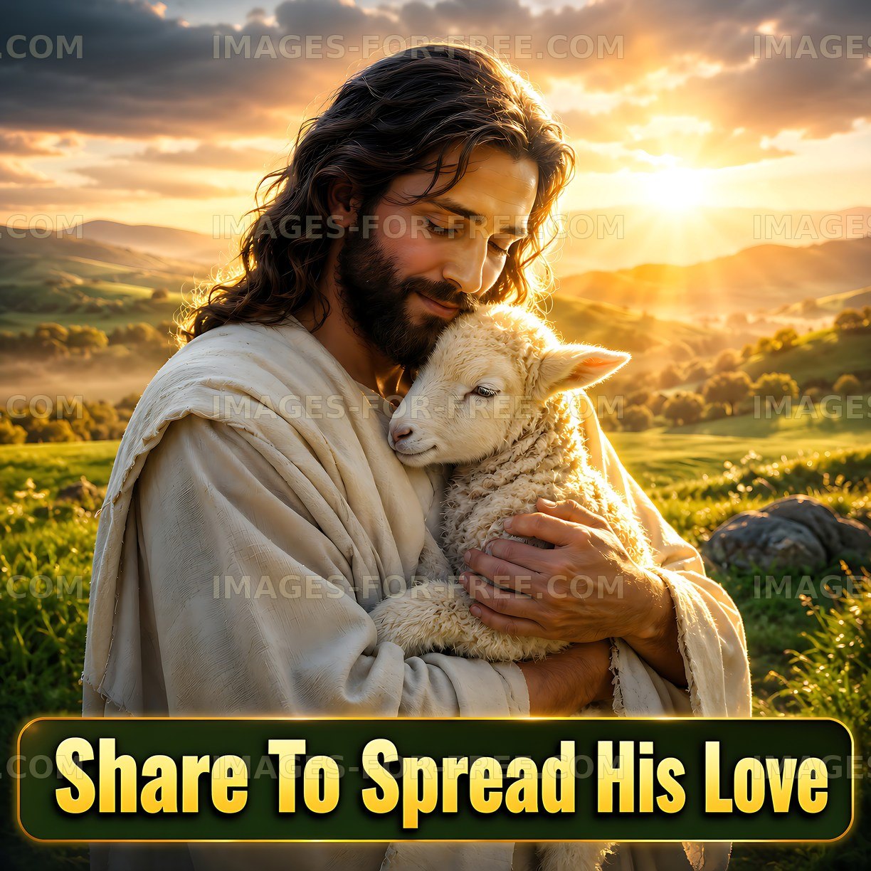 Shepherd holding a sheep against a sunset backdrop