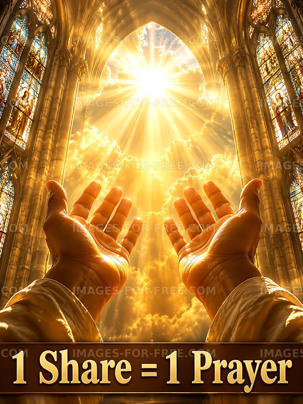 Hands raised in a cathedral with light shining from above