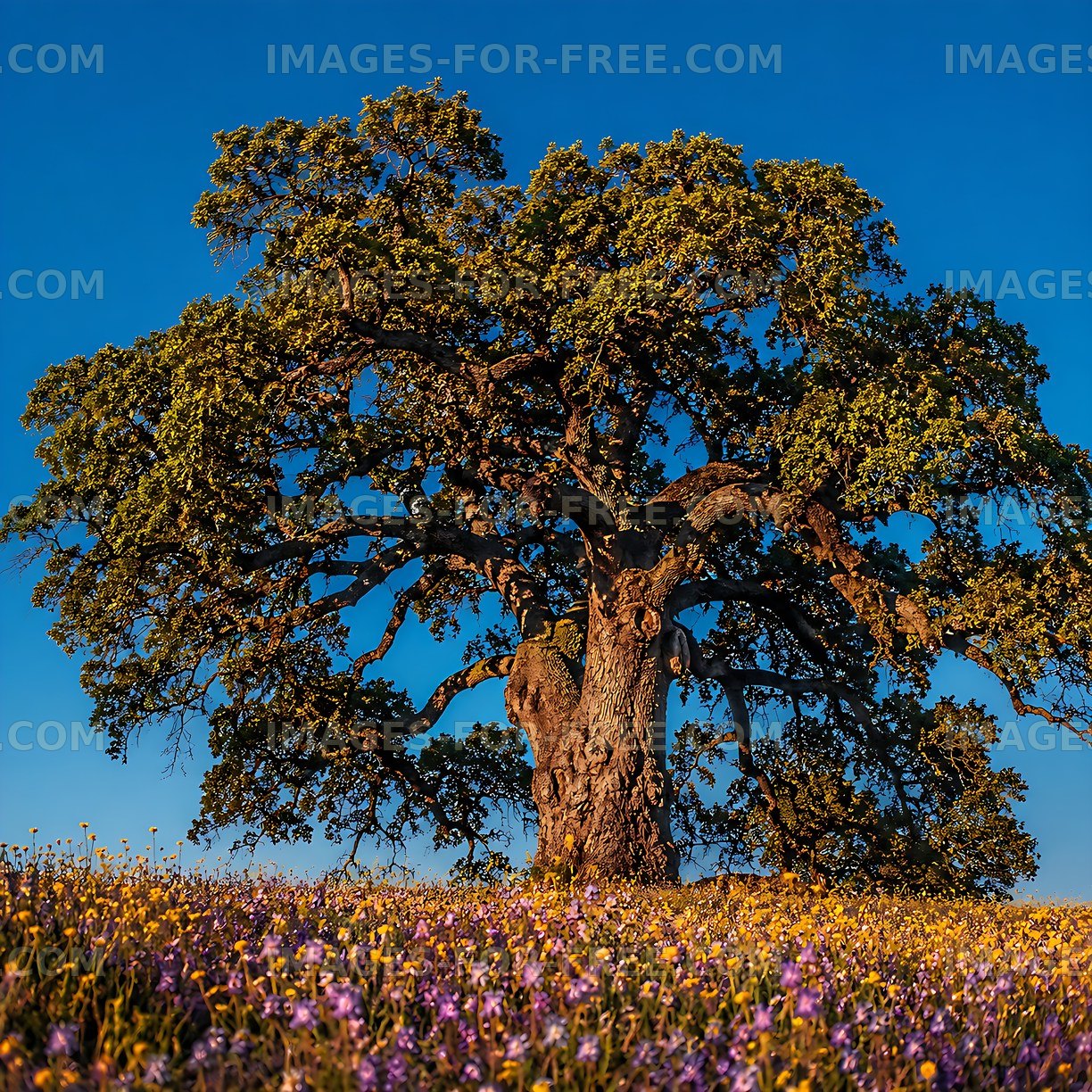 Large oak tree in a blooming field against a clear blue sky