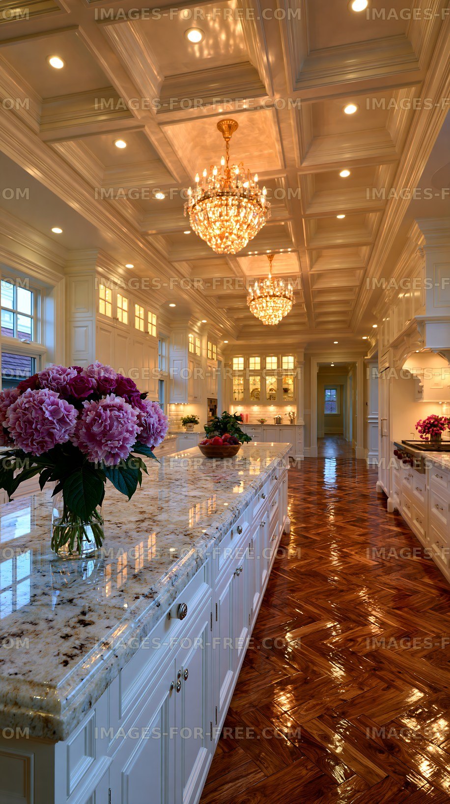 Luxury kitchen with elegant lighting and floral arrangement