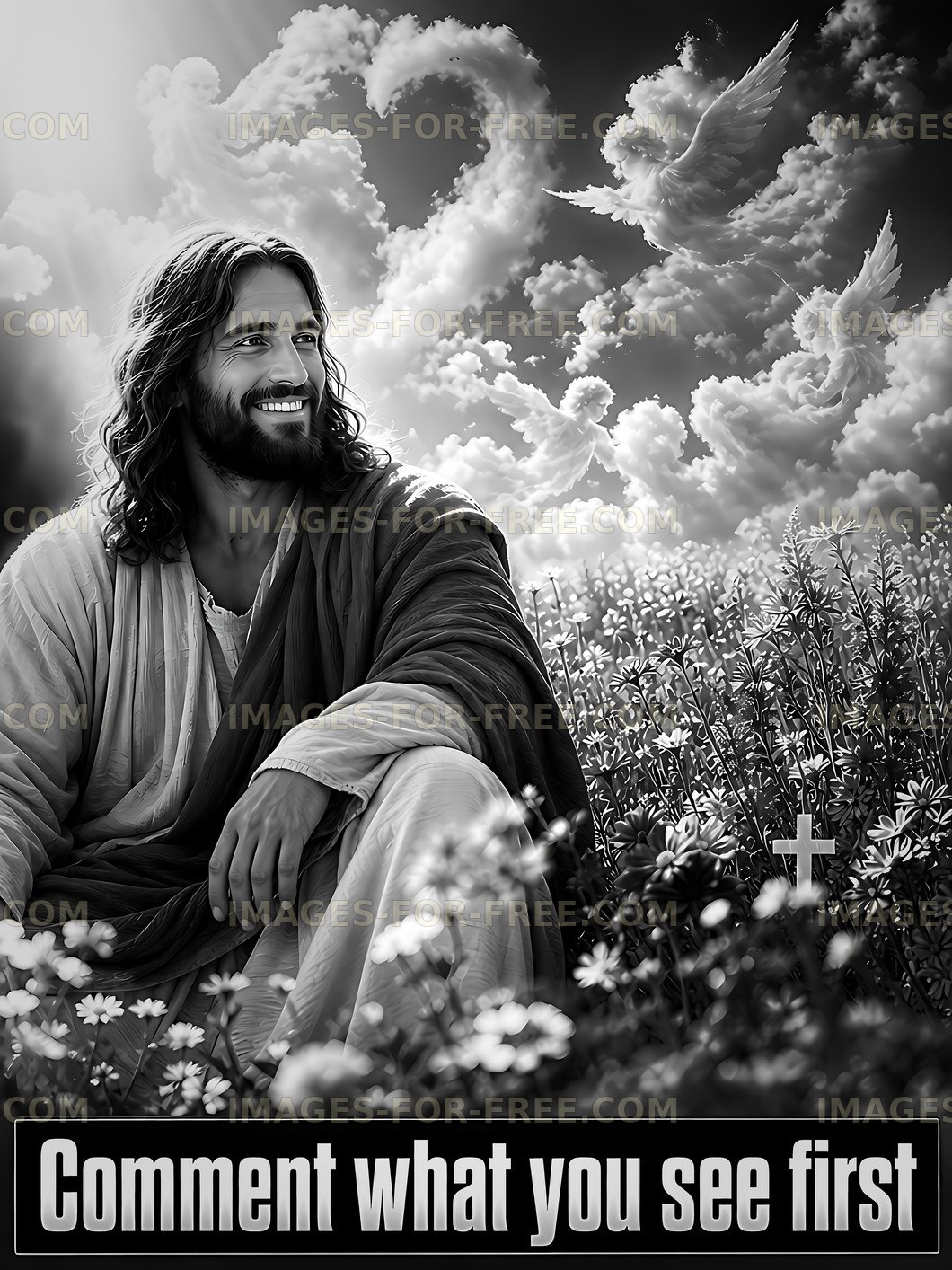 Man sitting among flowers with clouds in the background