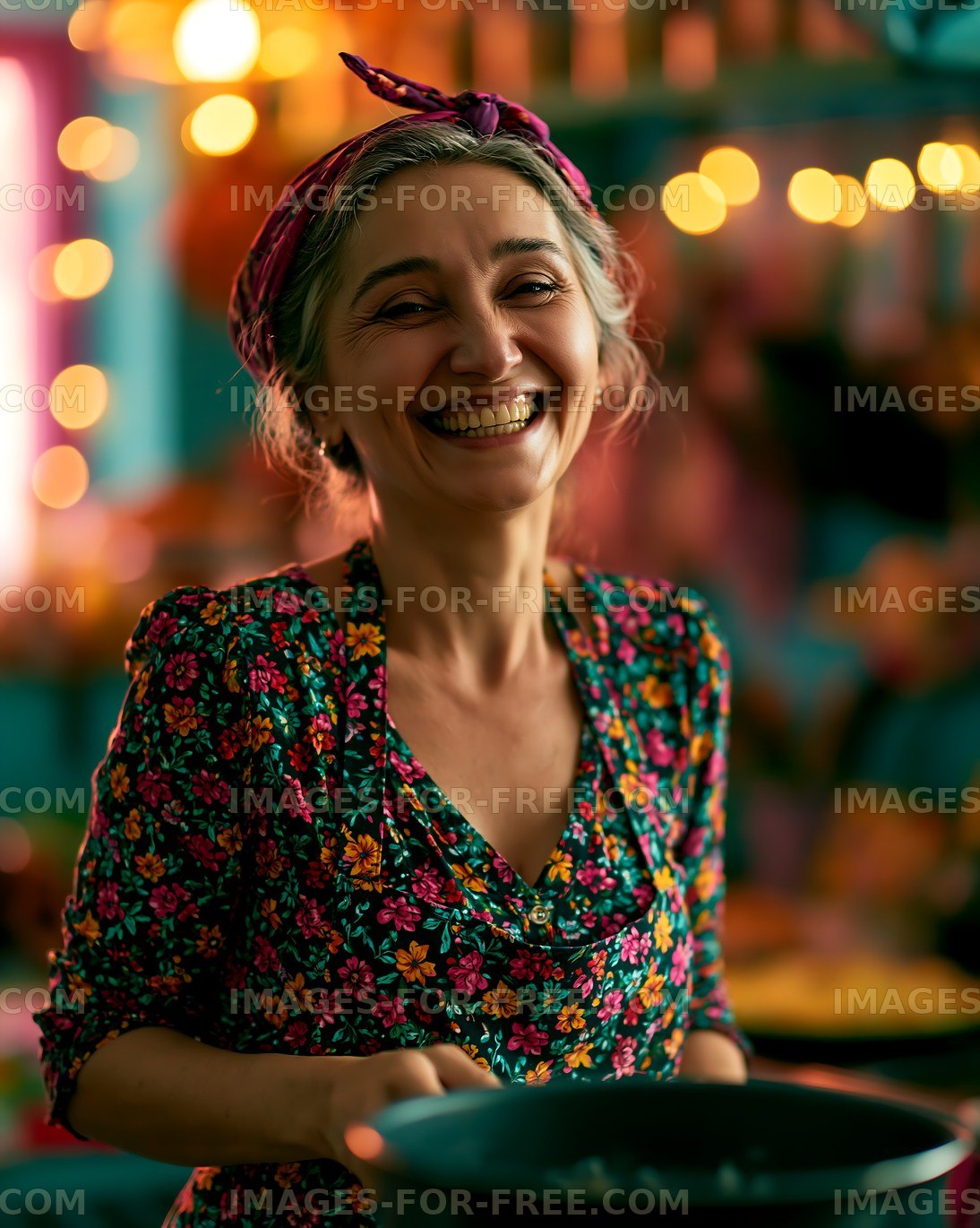 Woman smiling while cooking in a vibrant kitchen