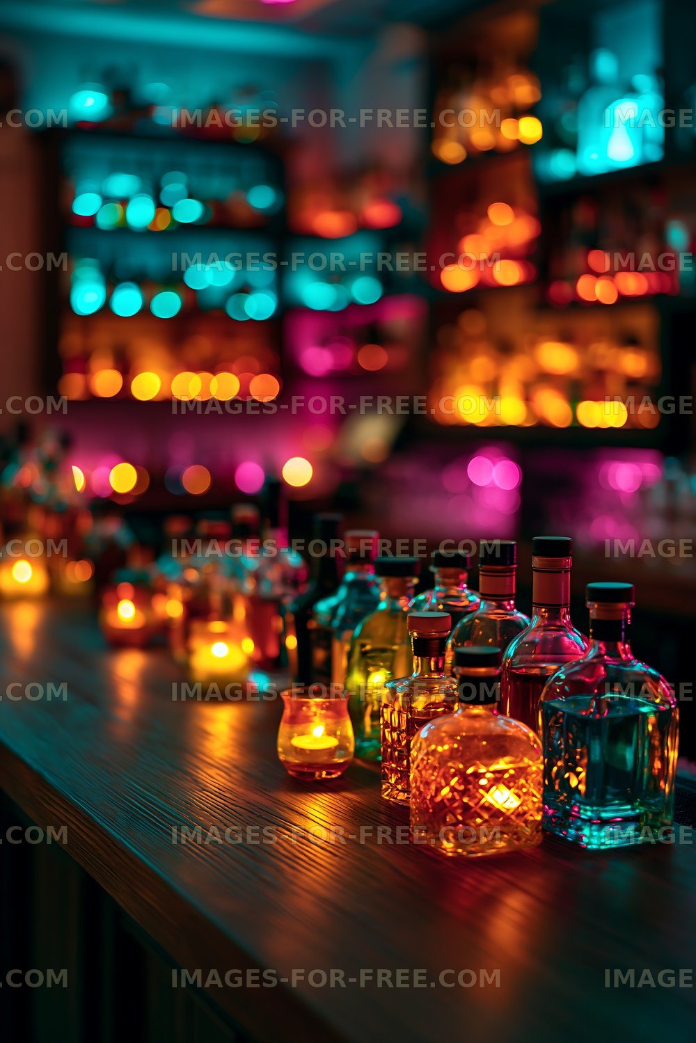 Colorful bottles and glasses illuminated at a bar