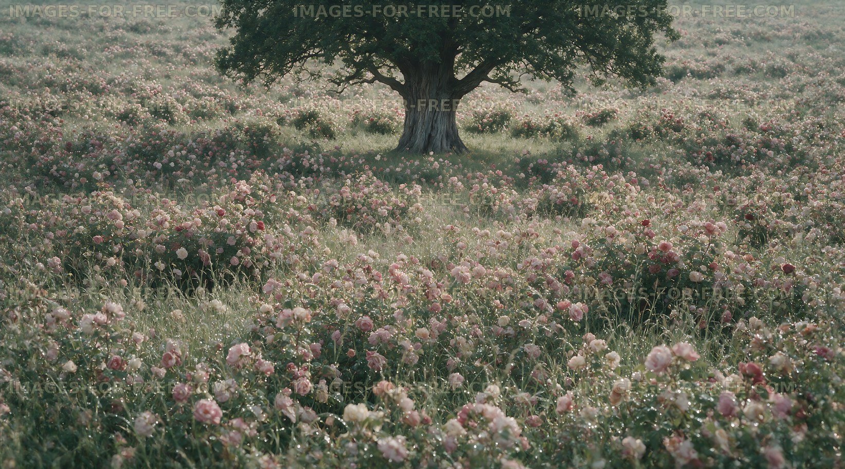 Field of flowers under a large tree in daylight