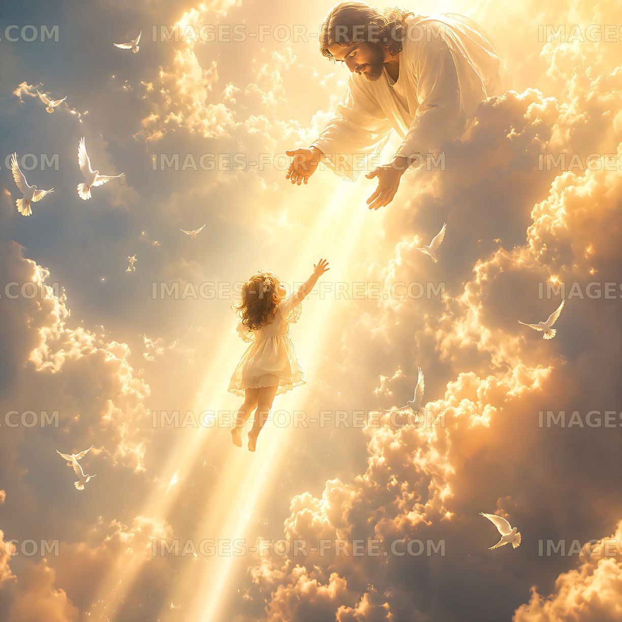 Child reaching for figure in clouds with doves flying nearby