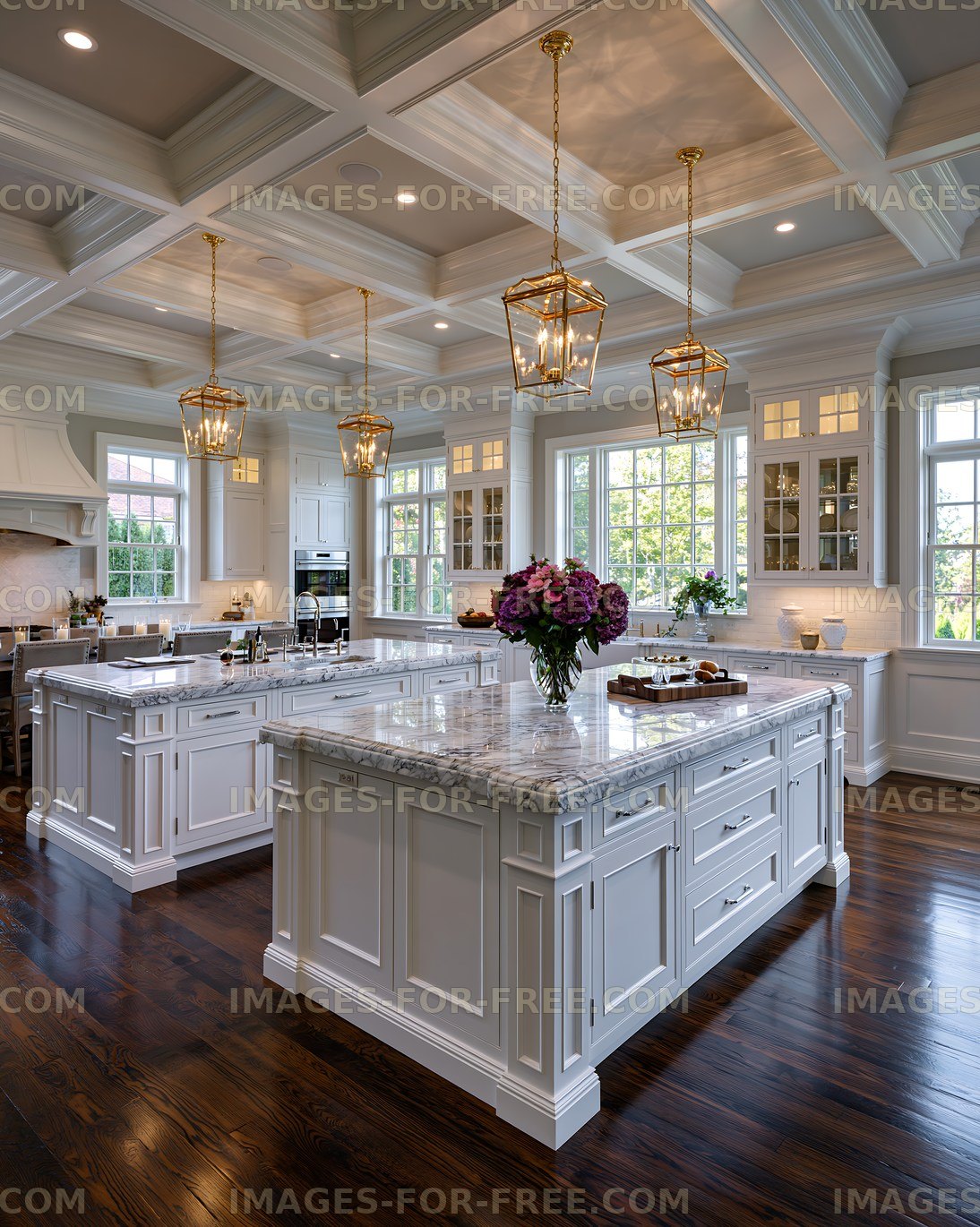 Modern kitchen with island and elegant light fixtures
