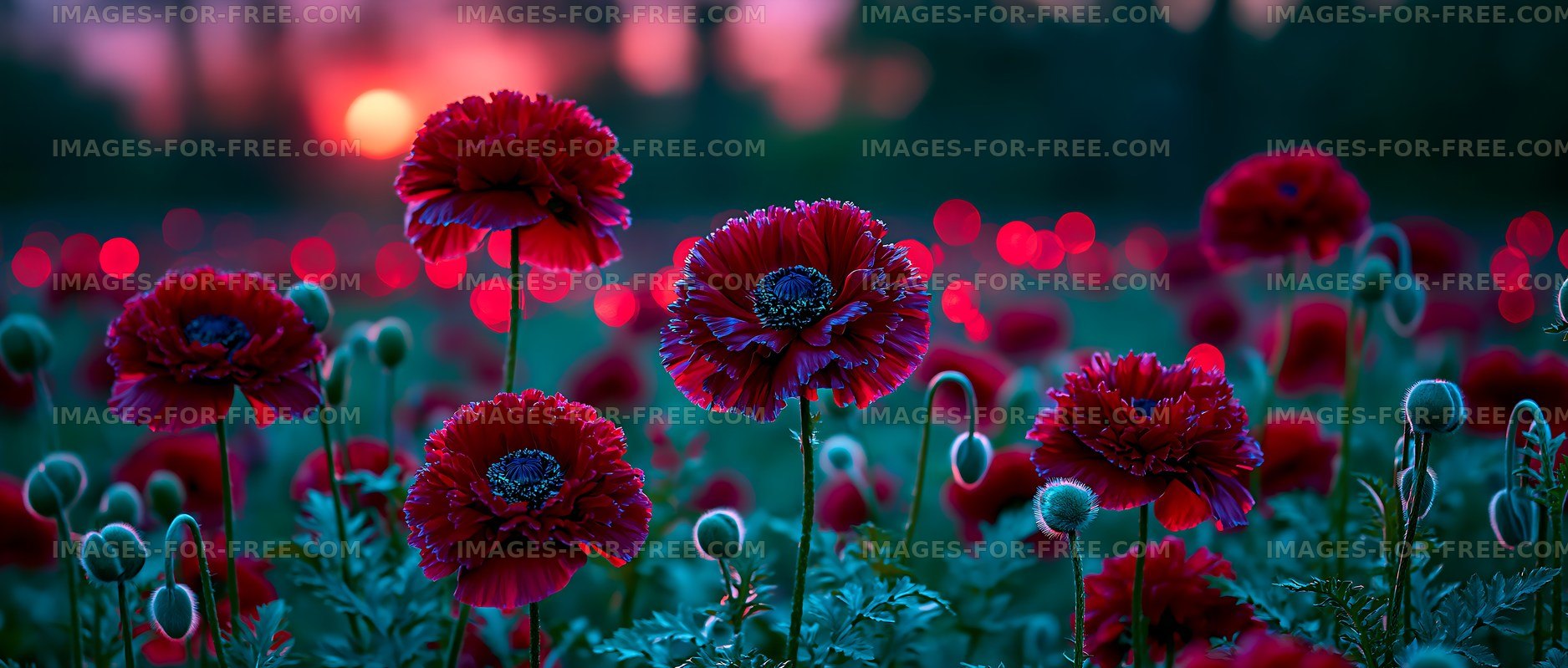 Red poppy flowers in a field at sunset