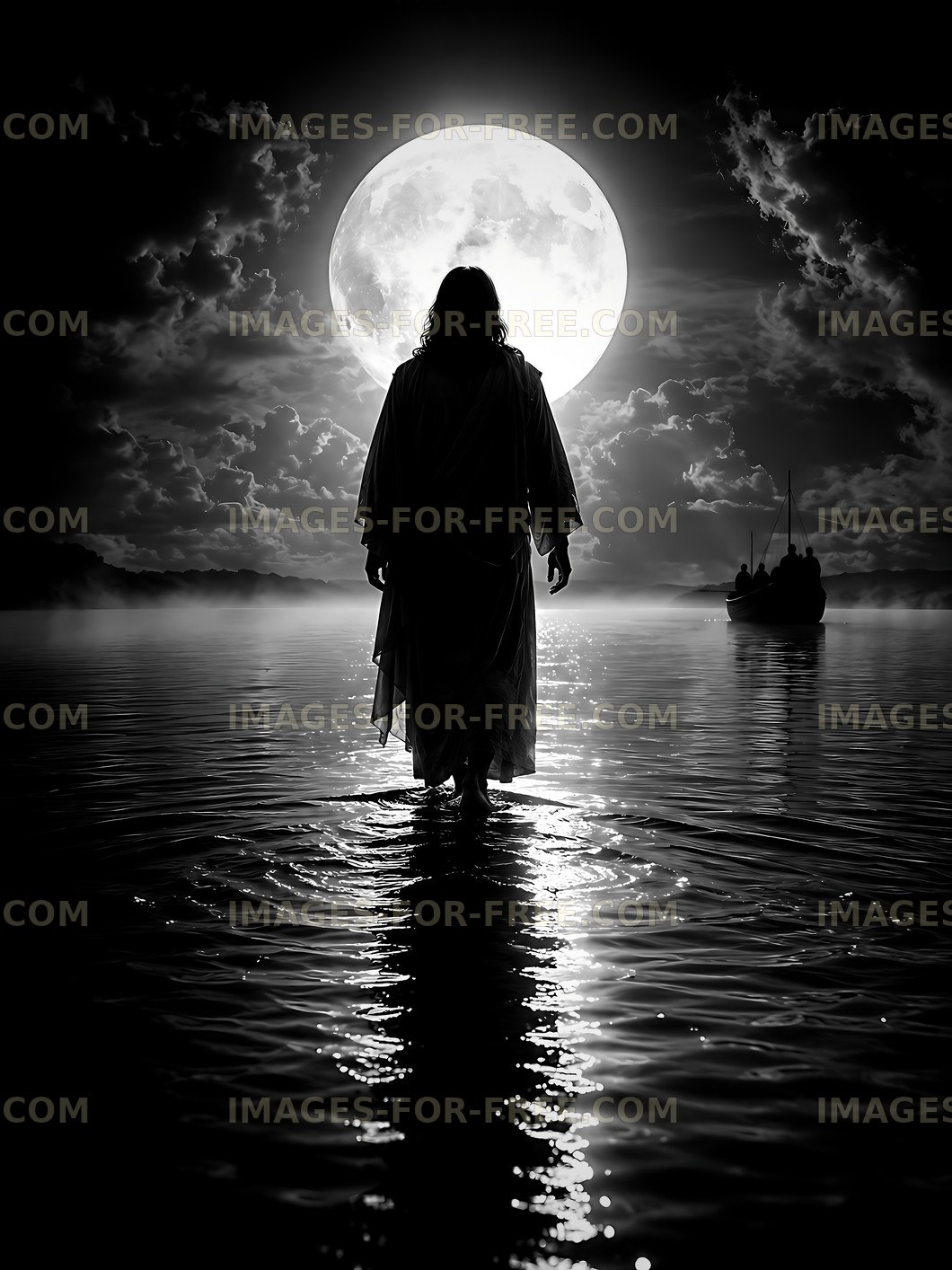 Person walking on water under a full moon