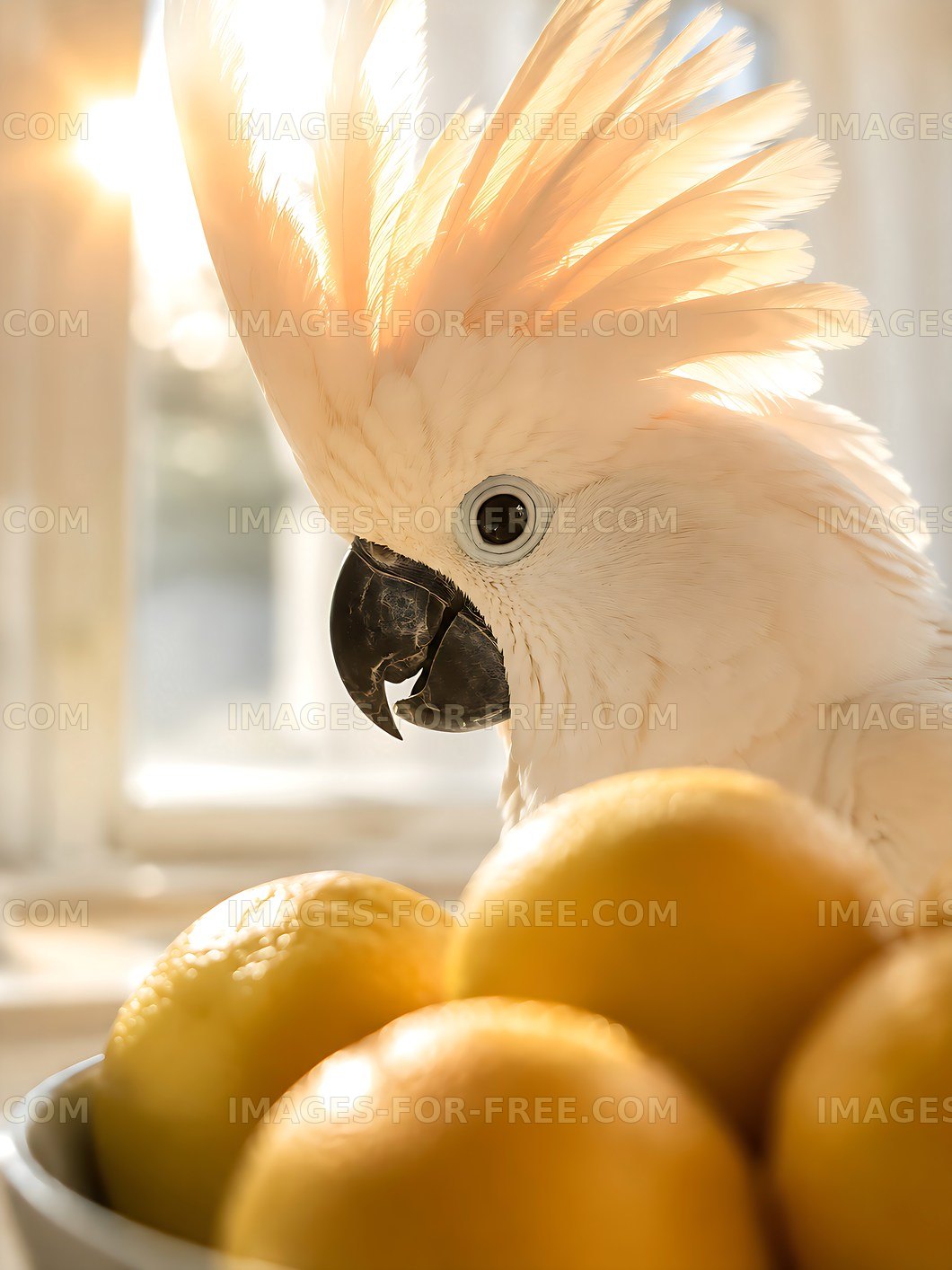 Cockatoo next to a bowl of lemons