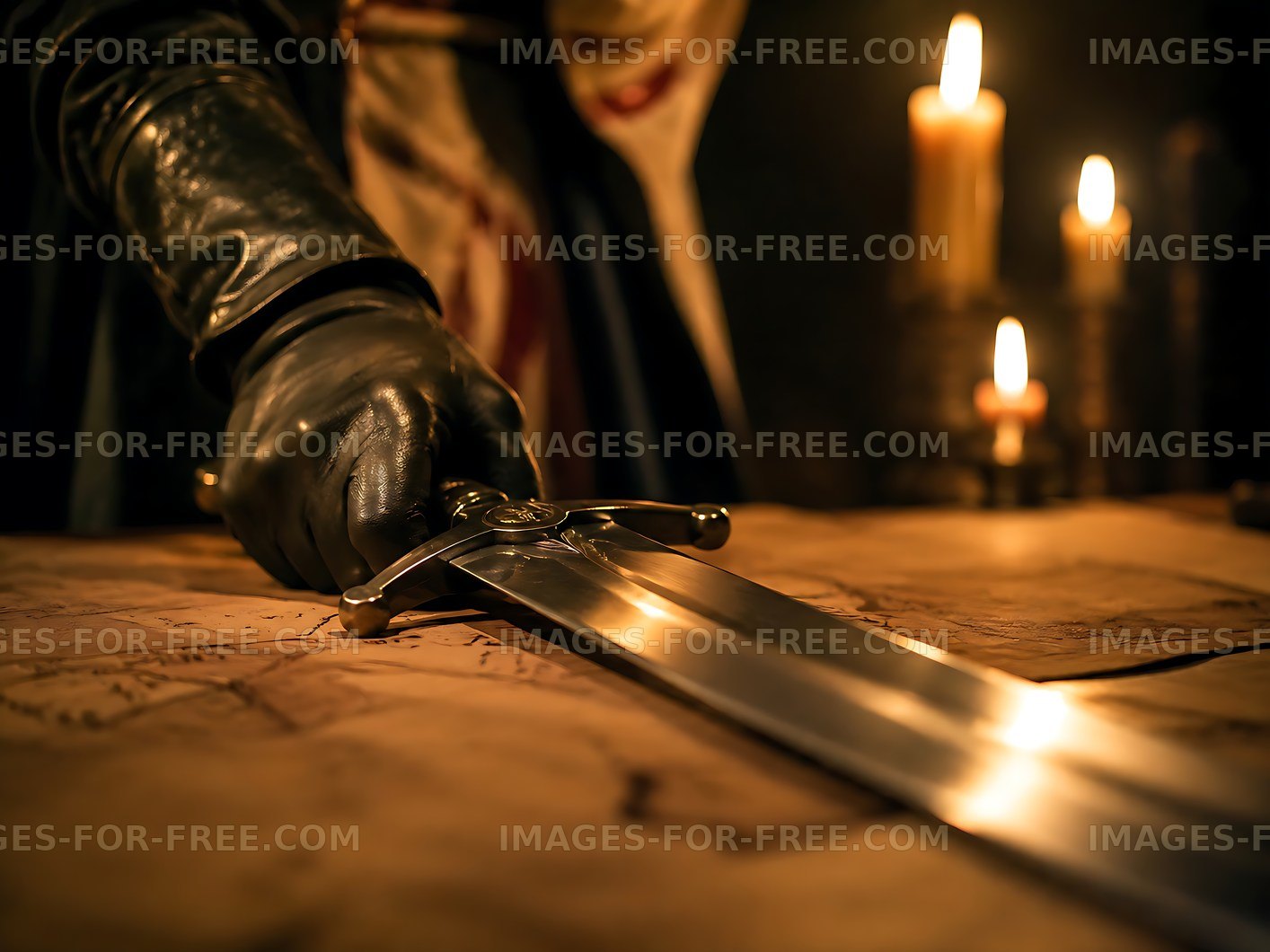 Close-up of a soldier's hand on a sword and old map