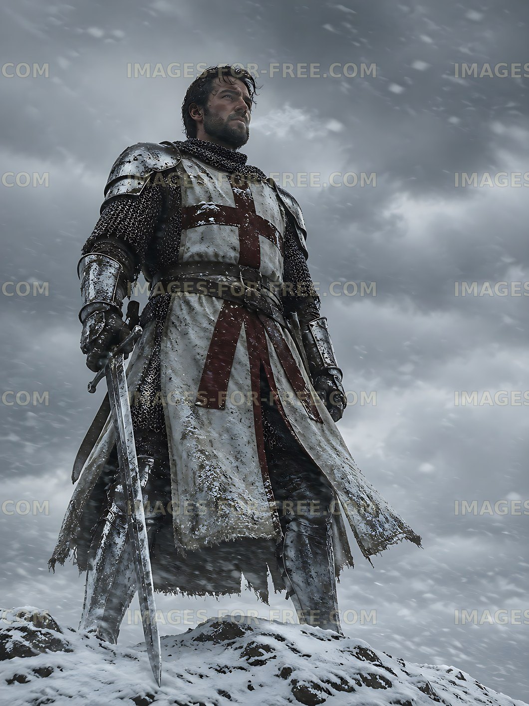 Knight standing on a rock with sword during snowfall