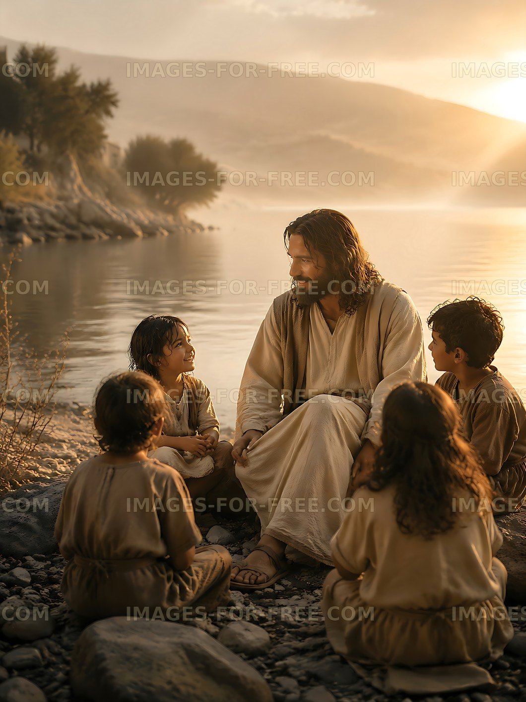 Jesus sitting by the river with children during sunset