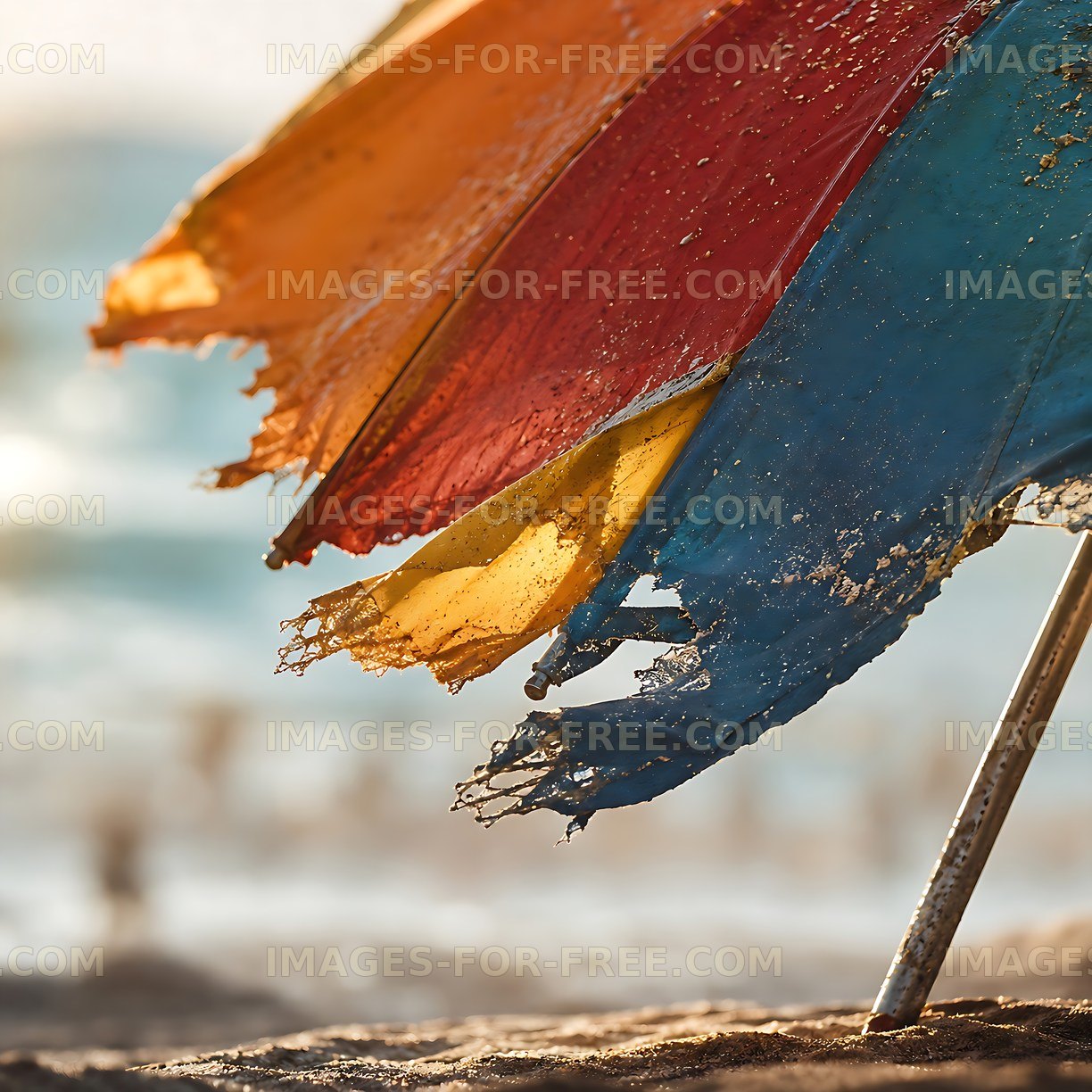 Weathered beach umbrella near ocean waves