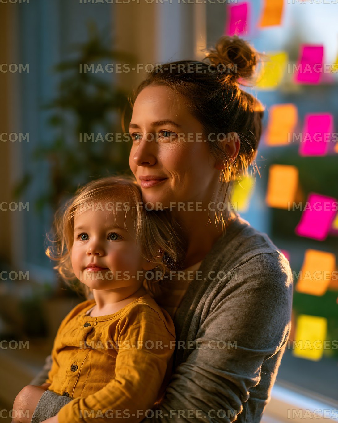 Mother and child near colorful sticky notes at home