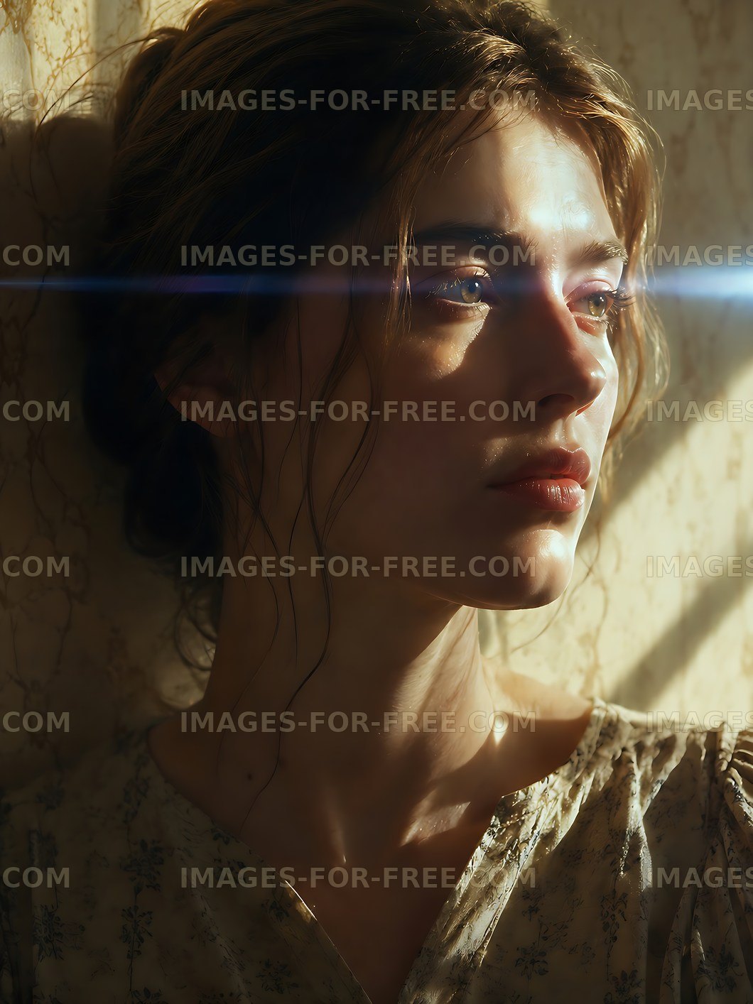 Woman with soft light on her face near a wall