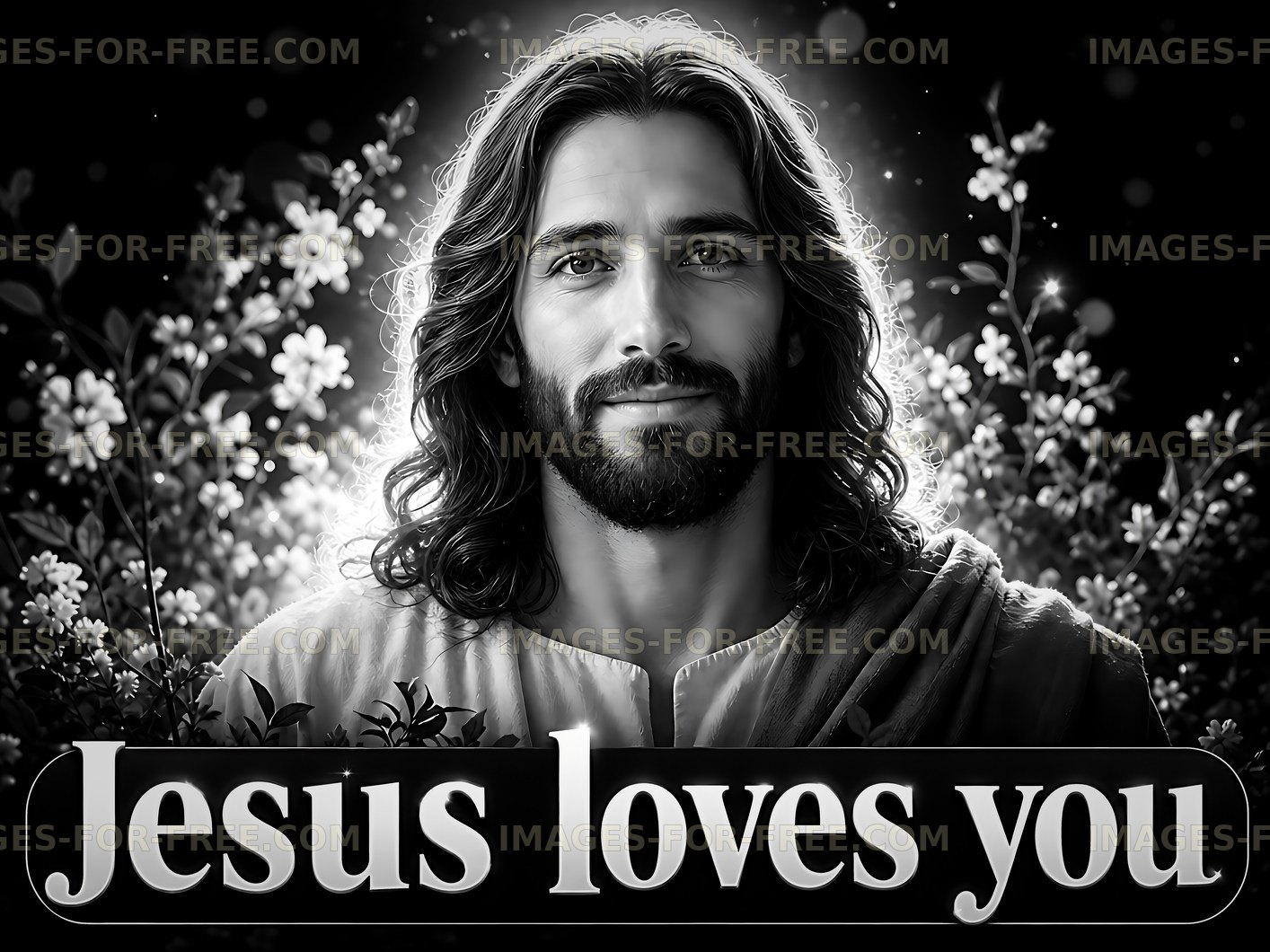 Jesus on black and white background with flowers