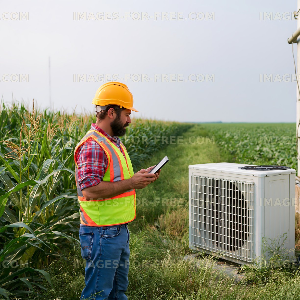 Farmer using tablet near air conditioning unit in cornfield