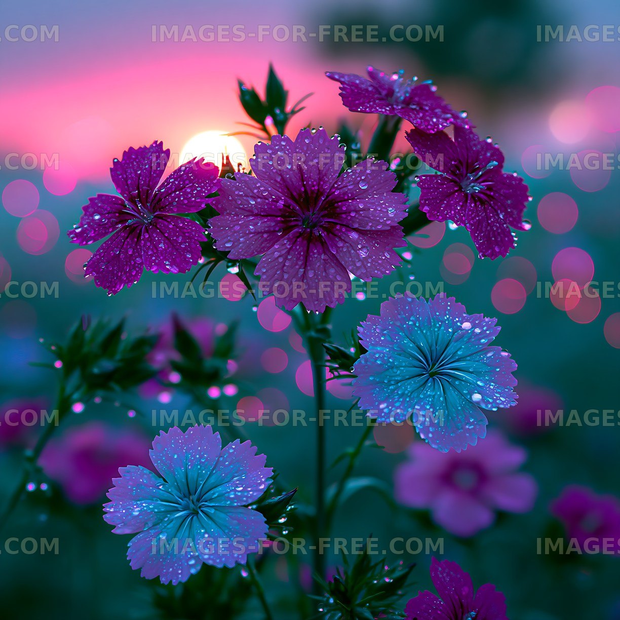 Colorful flowers with dew at sunset in a garden