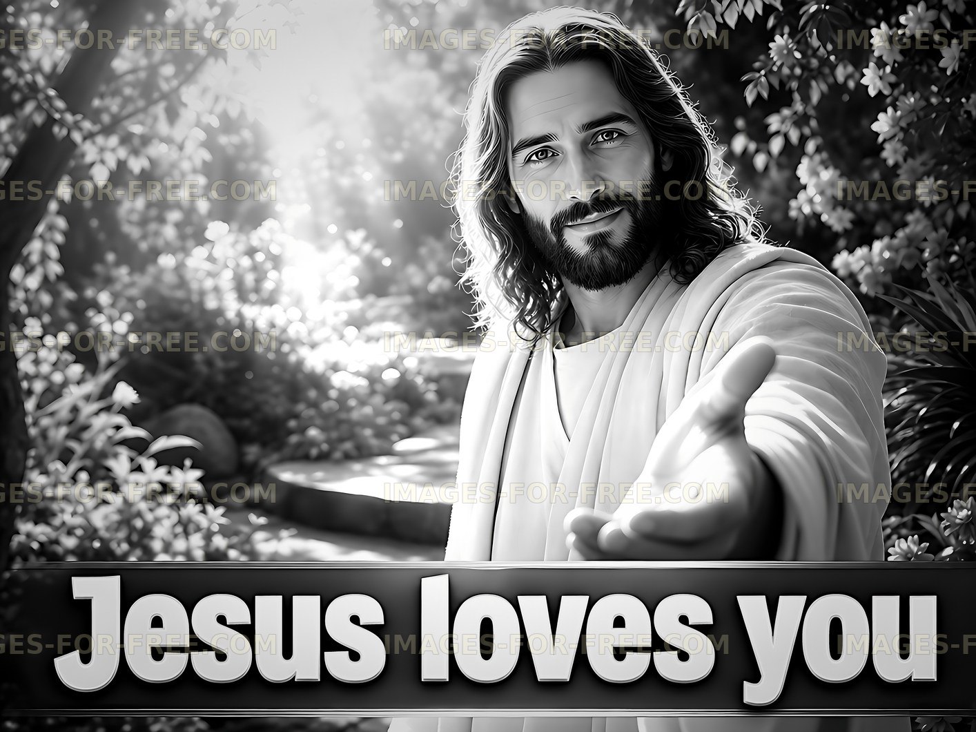 Jesus offering love with open hand in natural setting