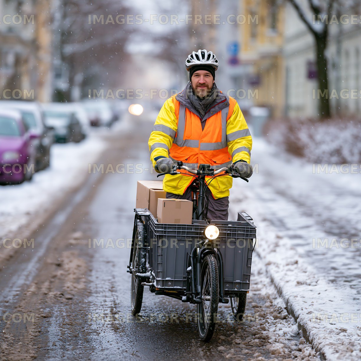 Delivery person riding a cargo bike through snowy street