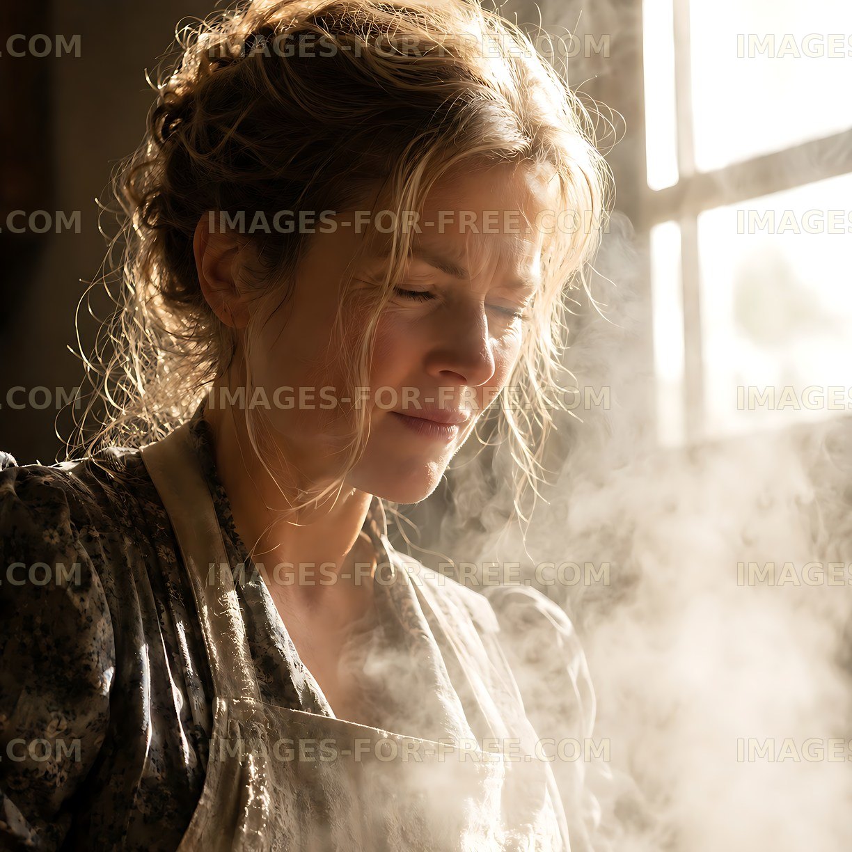 Woman cooking in a kitchen with steam and sunlight