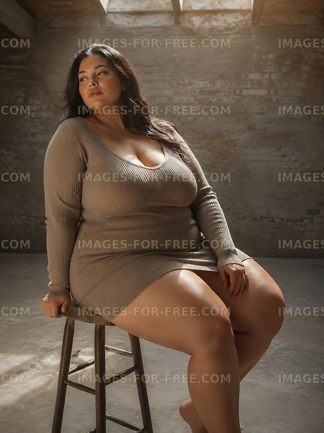 Model sitting on stool in a studio with natural light