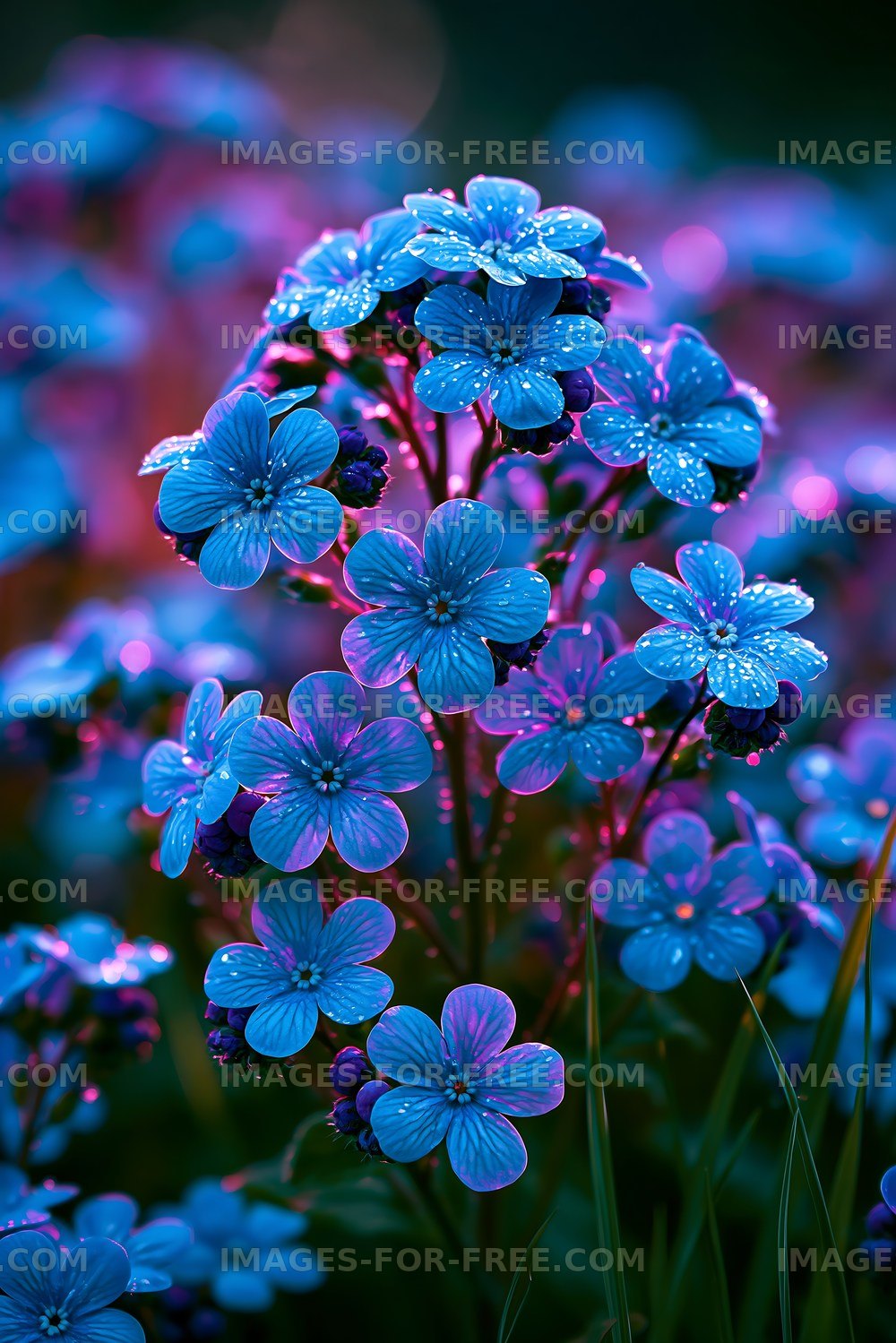 Blue flowers in vibrant colors with dew drops at dusk