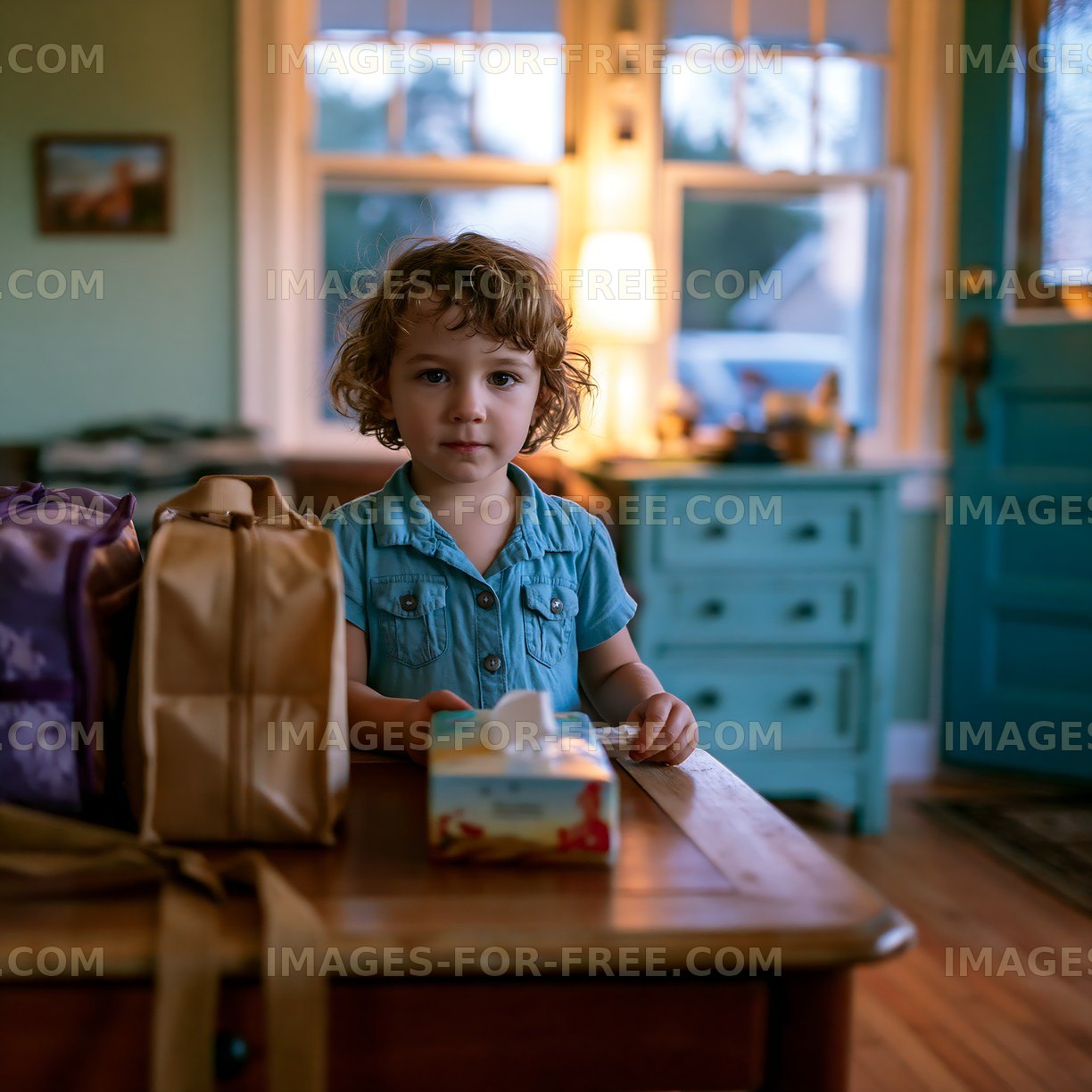 Child standing by table with bags and tissue box in home setting