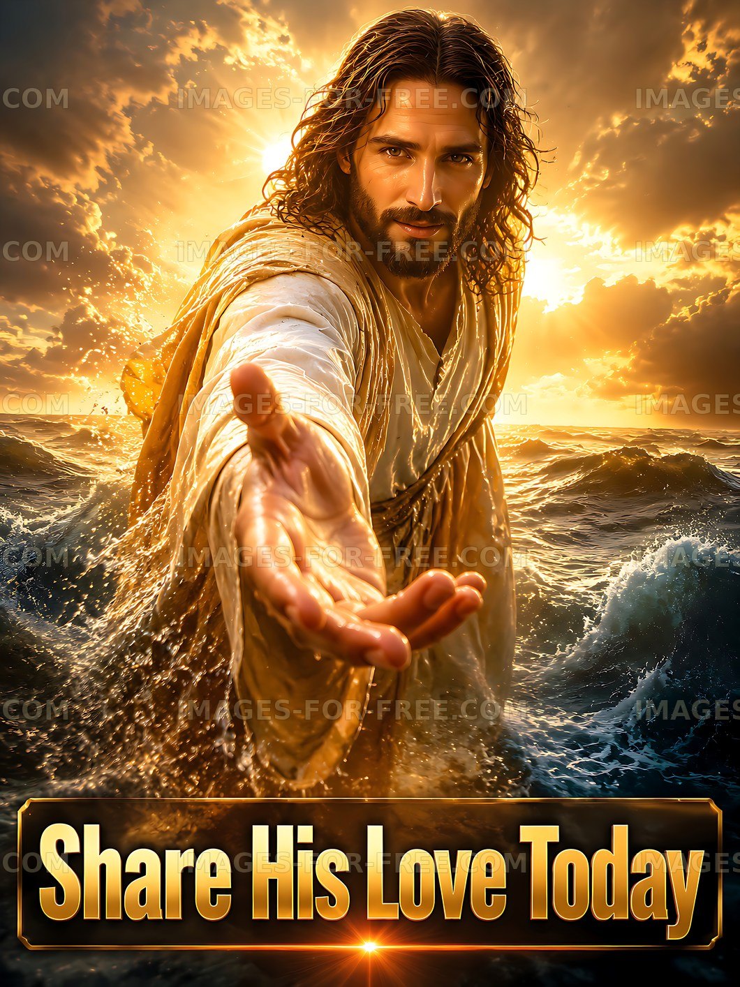 Jesus reaching out over stormy waters
