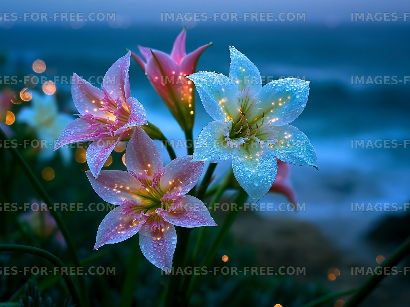 Flowers with dew by the ocean at dusk