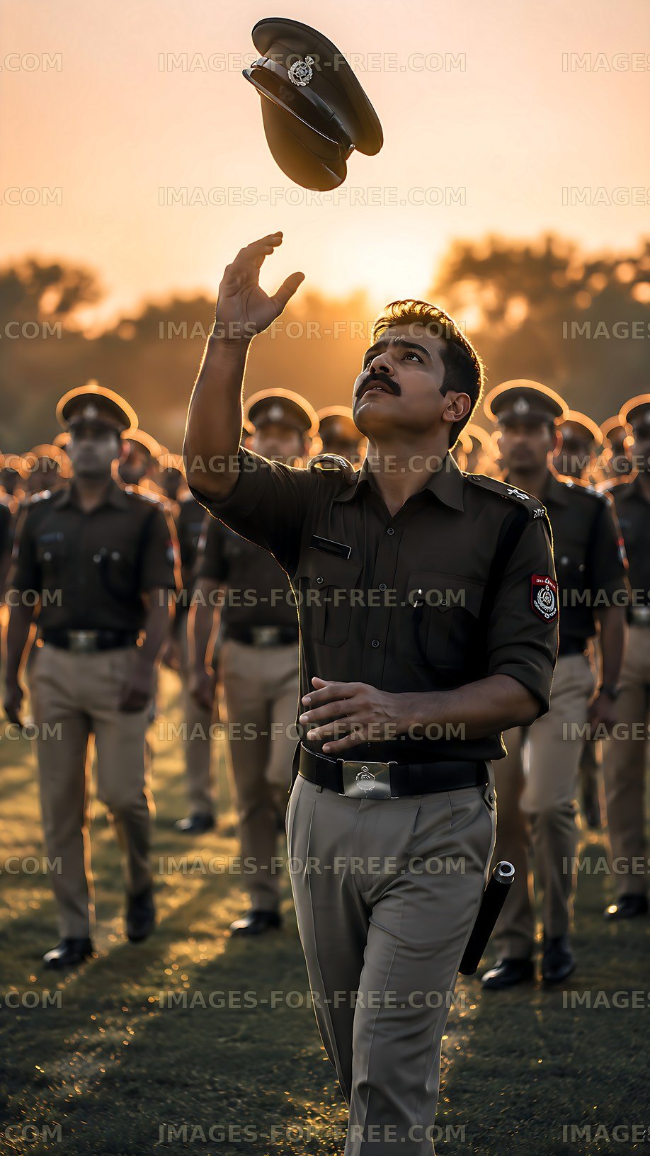 Police officer tossing cap during training session at sunset