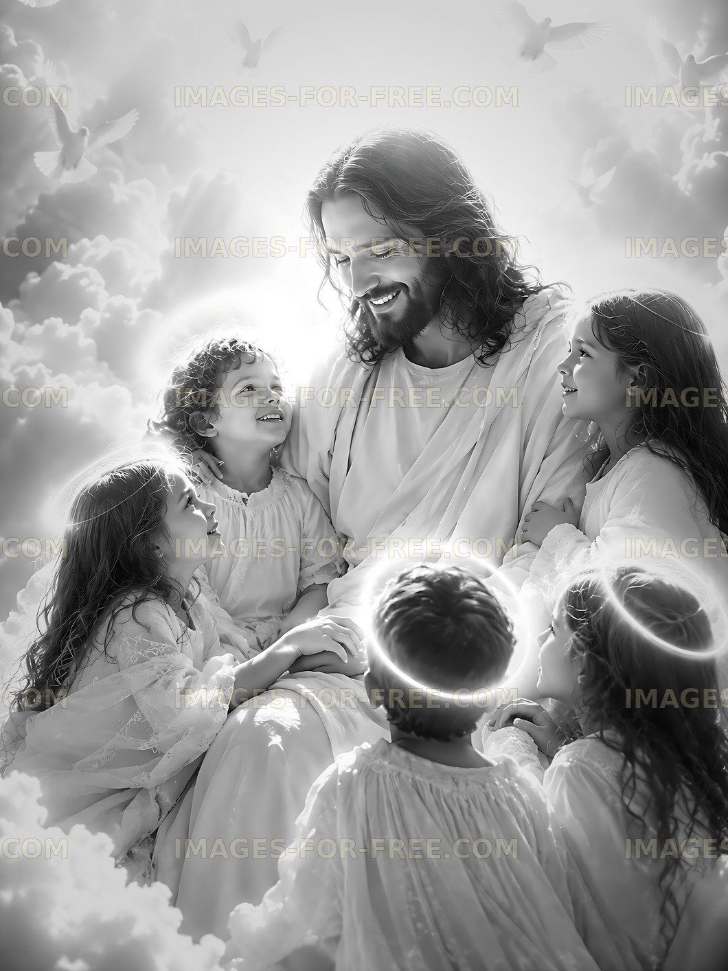 Jesus surrounded by children in a bright heavenly setting