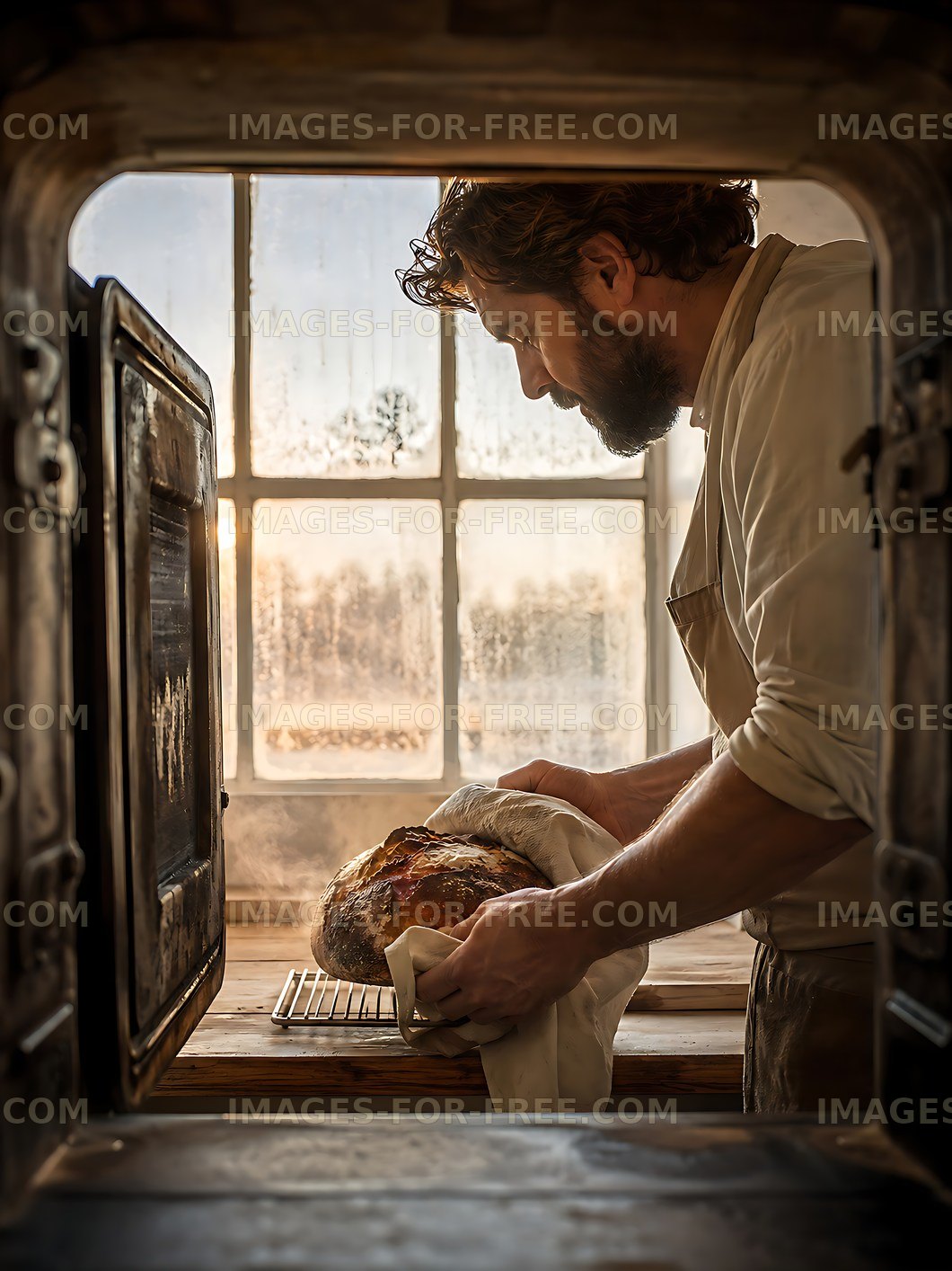 Baker removing fresh bread from the oven