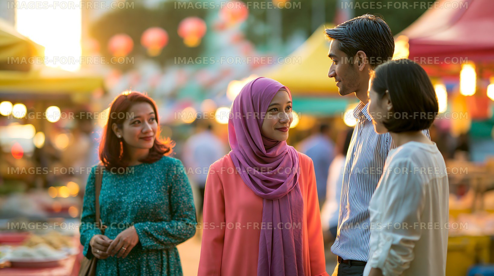 Group of friends enjoying evening at a vibrant marketplace