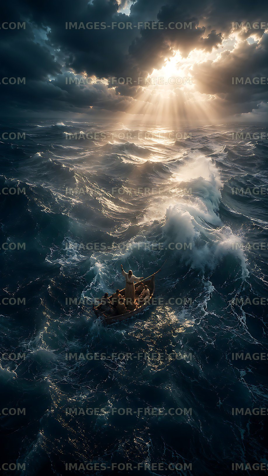 Boat navigating through stormy seas under dramatic sky