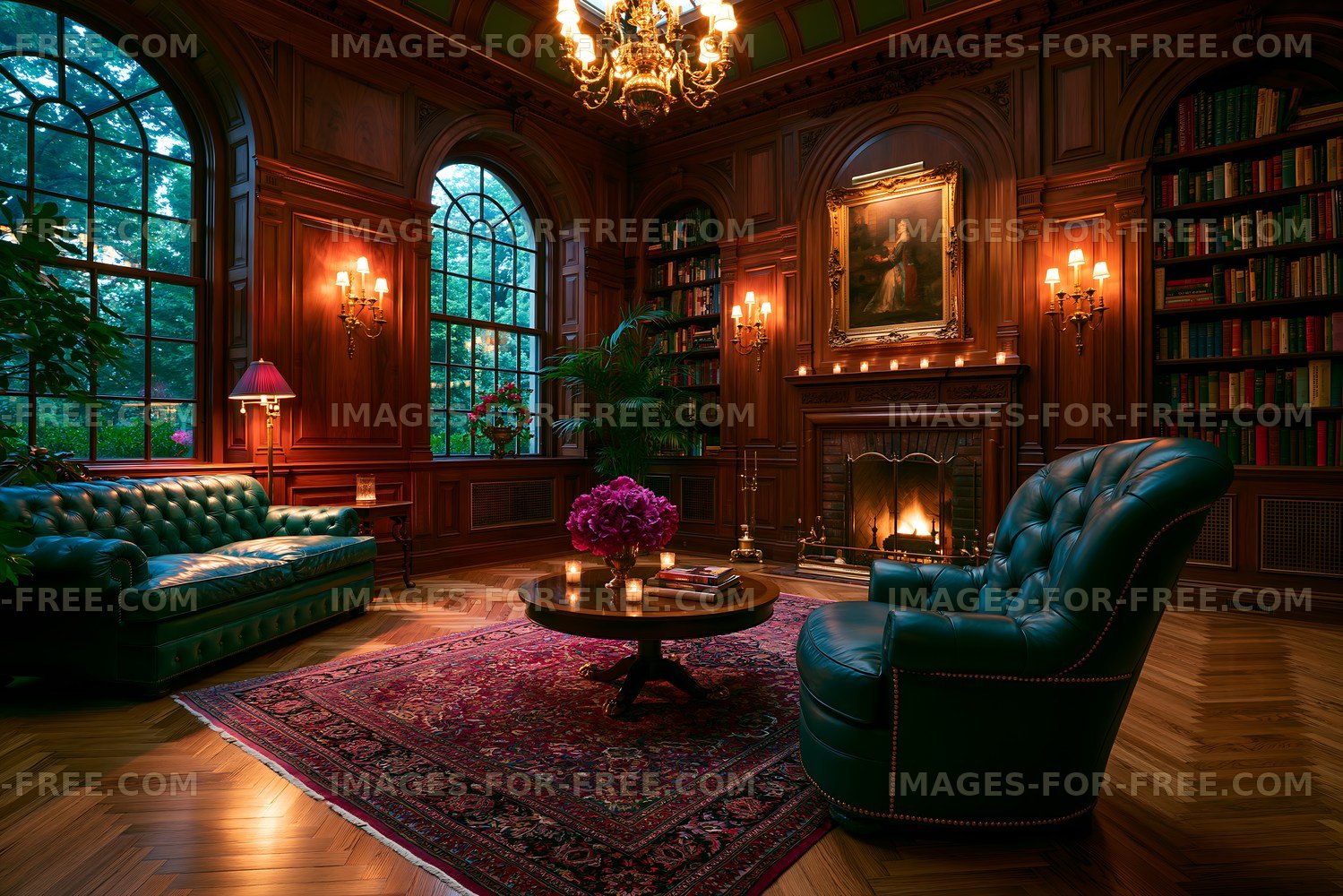 Cozy indoor living space with a fireplace and bookshelves