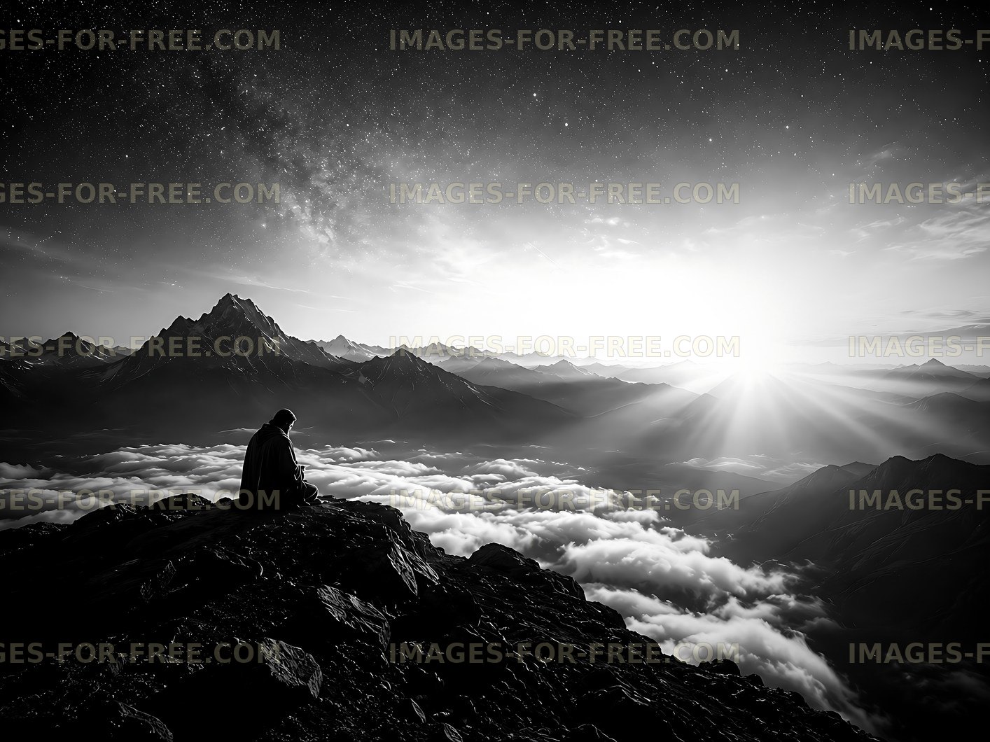 Silhouette of a person sitting on a mountain at sunrise