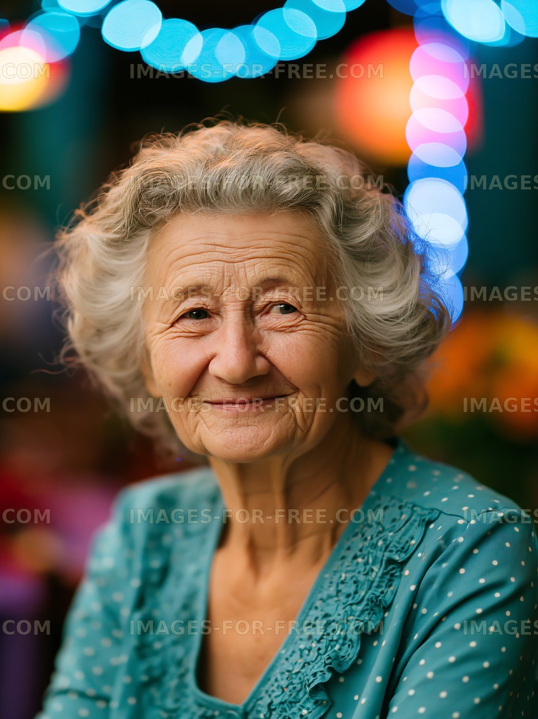 Smiling elderly woman in turquoise blouse with colorful lights