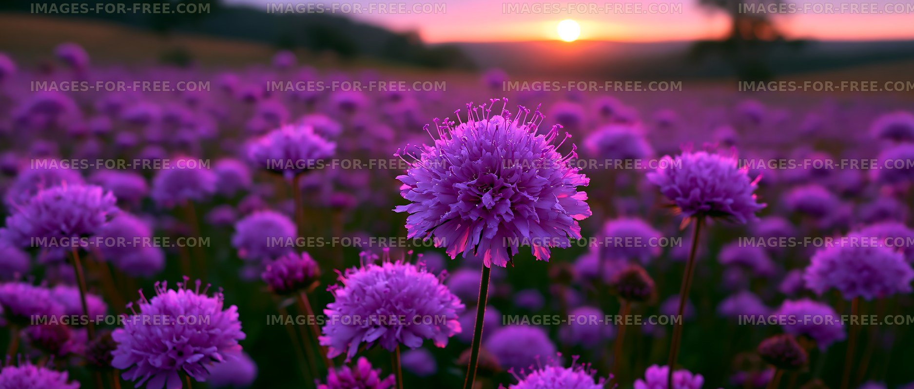 Vibrant purple flowers in a field during sunset