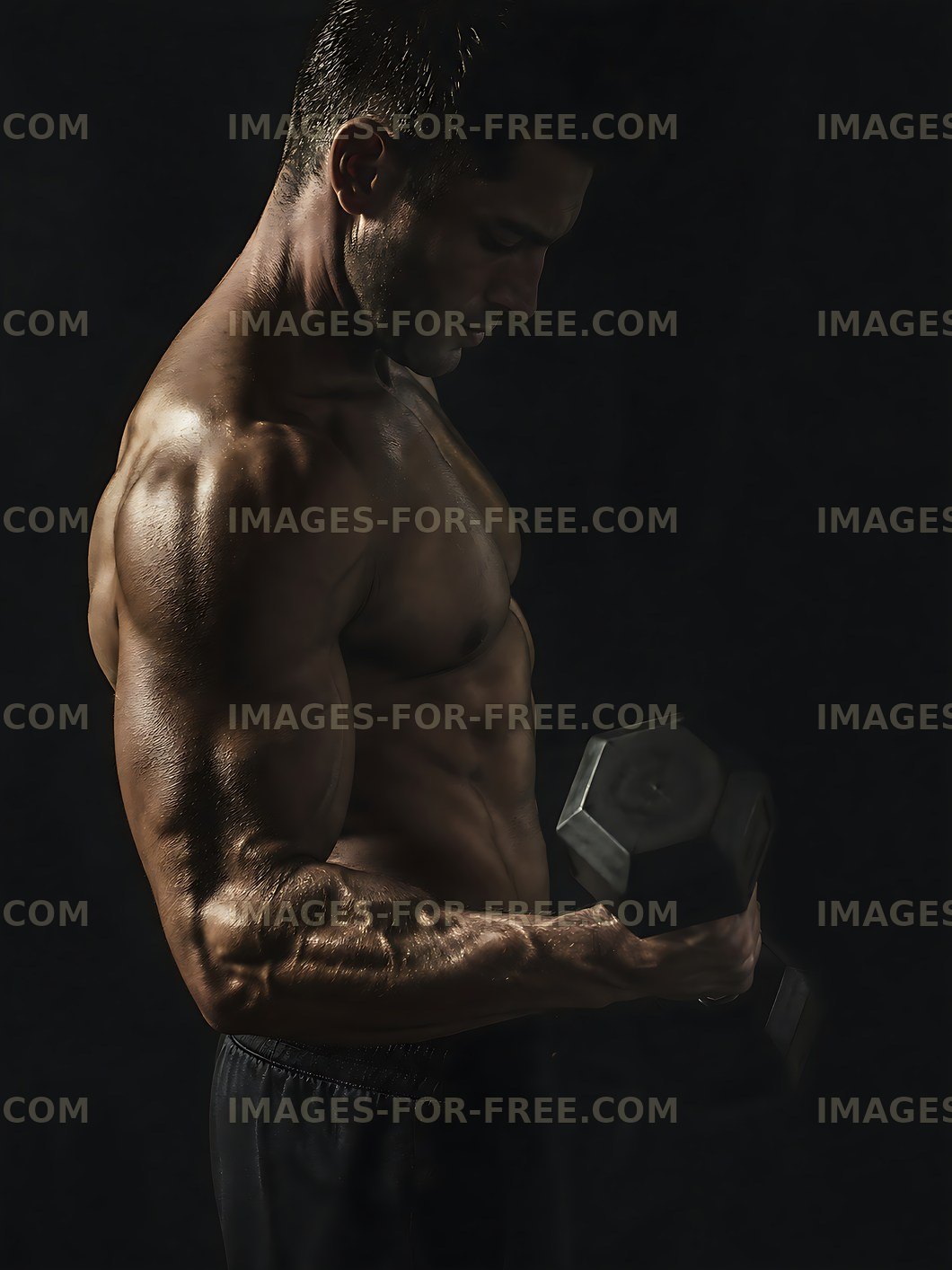 Muscular man lifting a dumbbell in low light
