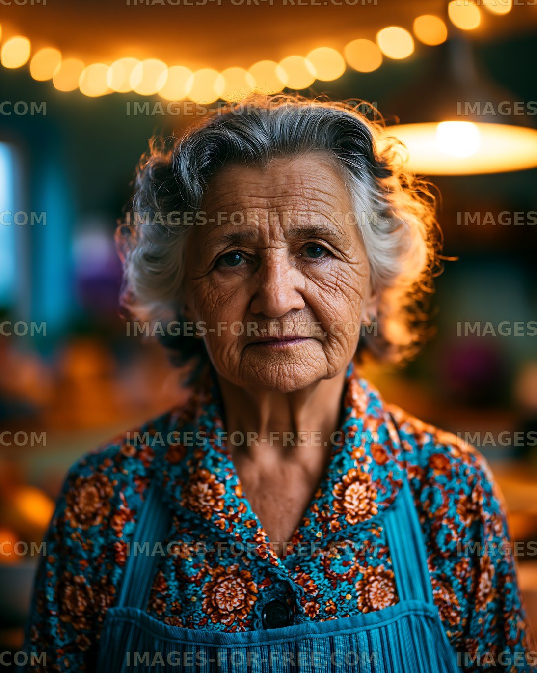 Elderly woman with gray hair wearing floral clothing