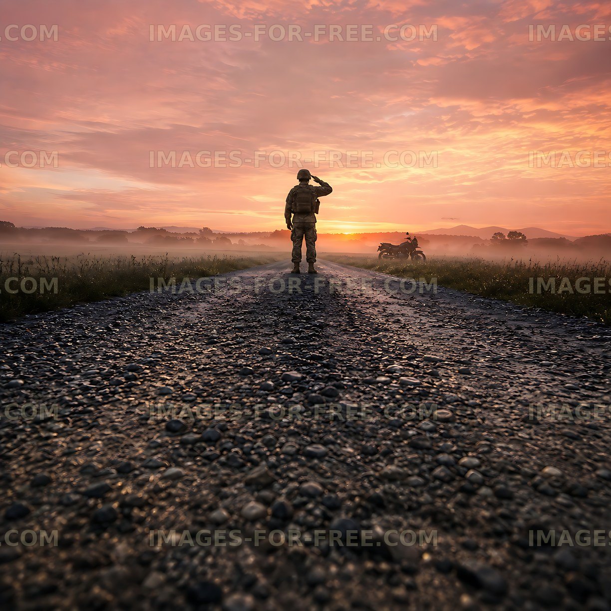 Soldier saluting at sunset on a quiet dirt road