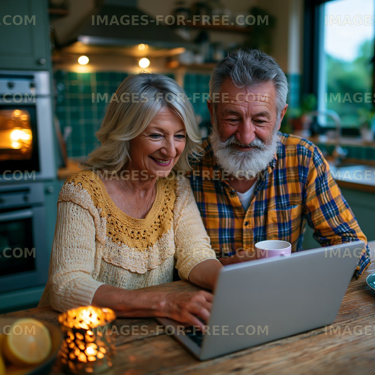 Senior couple using laptop in cozy kitchen