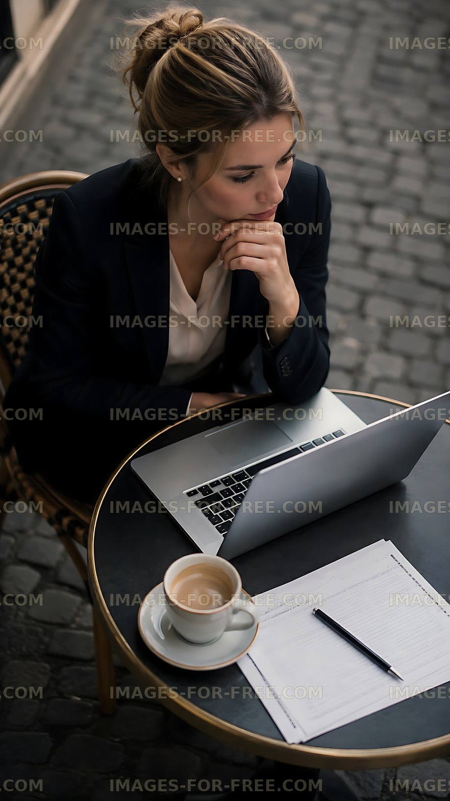 Businesswoman working on laptop at outdoor cafe