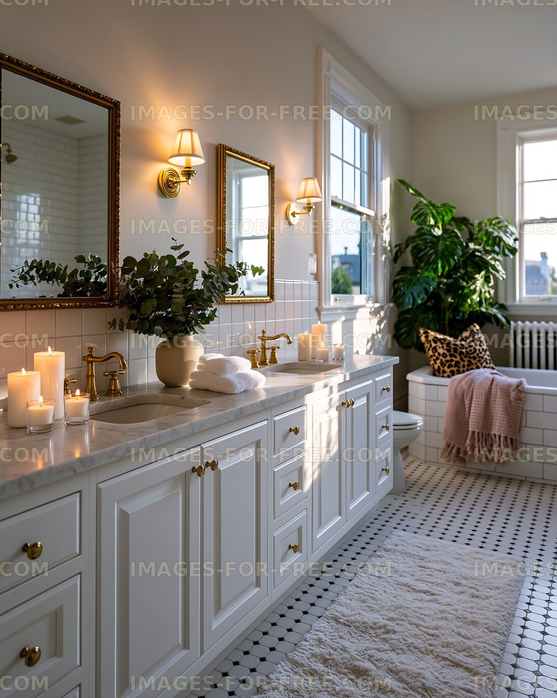 Modern bathroom with candles and plants