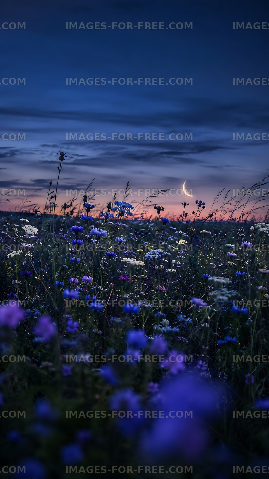 Field of flowers under a crescent moon at dusk